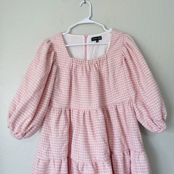 Sister Jane Pink Rosy Knees Tweed Confetti Square Neck Puff Sleeve Dress Size S - Picture 5 of 11